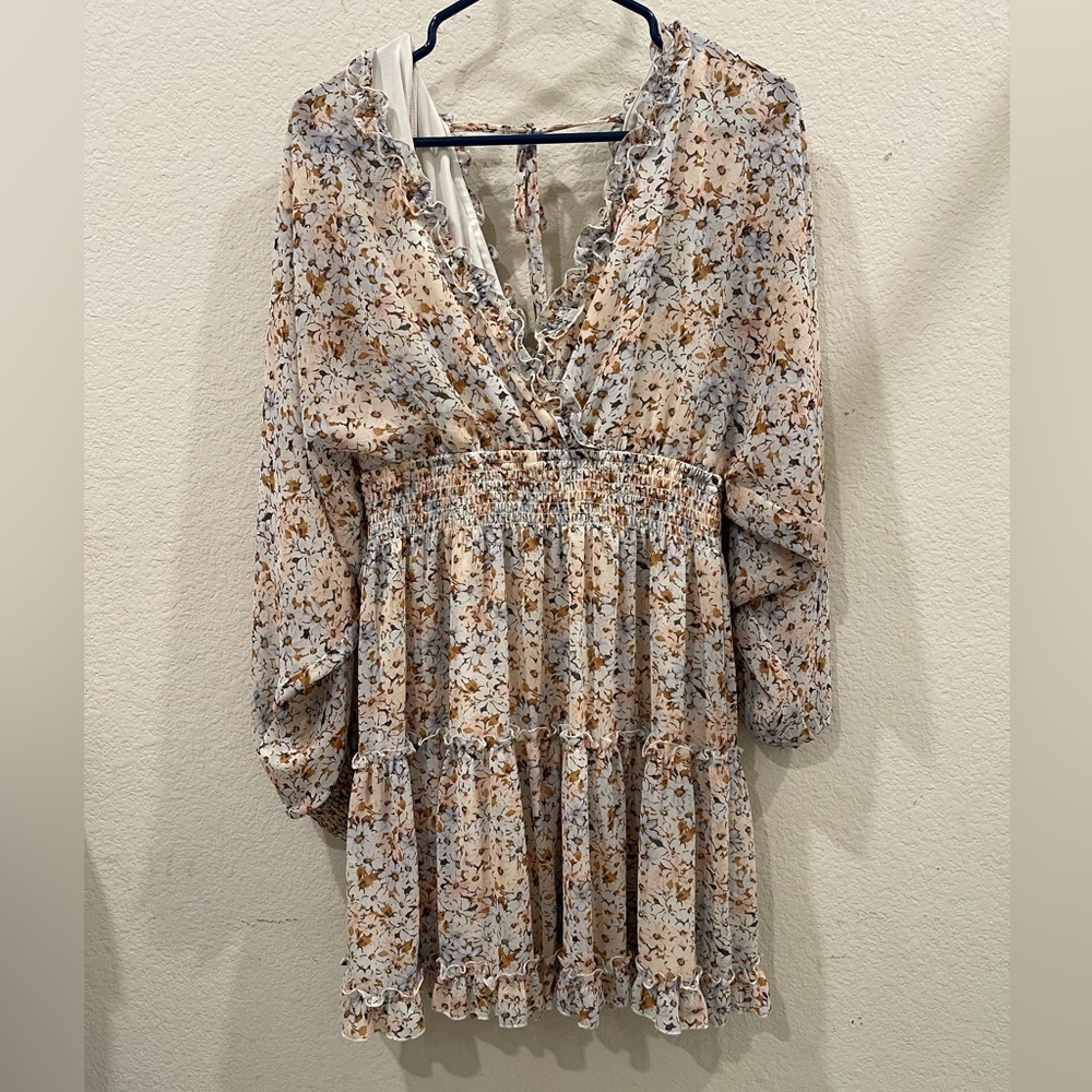 She + Sky Long Sleeve Floral Dress in Cream and Gold